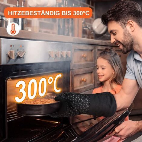 Ofenhandschuhe, hitzebeständig bis 300 °C – Set mit 4 Ofenhandschuhen aus Silikon und Baumwolle, Modell HK22001-BLK, 30 x 18,35 cm