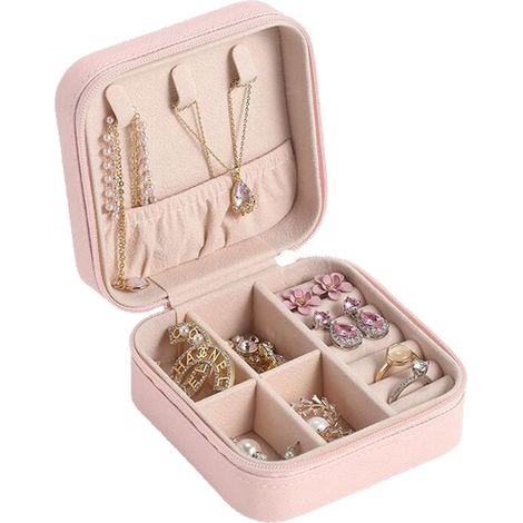 Boîte à bijoux de voyage pour femme – Petit écrin de rangement pour bagues boucles d’oreilles et colliers – Étui compact pour voyage et maison – Rose (1/5)