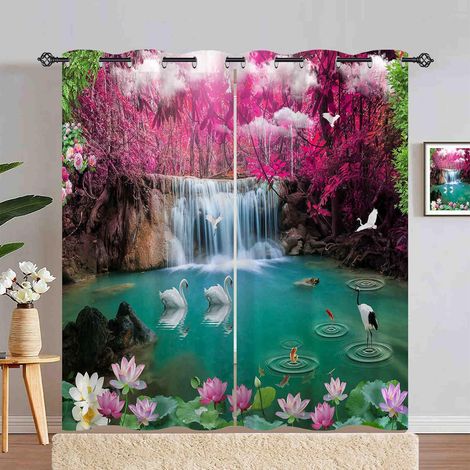 Rideau Occultant Nature Forêt Cascade Rivière Tenture Opaque à Oeillets Draperies Intérieurs Rideau Thermique Isolant pour Maison Chambre Salon Fenetre 2 Pièces L 140 x H 280 cm - 140L X 280H cm (2 Pa (1/5)