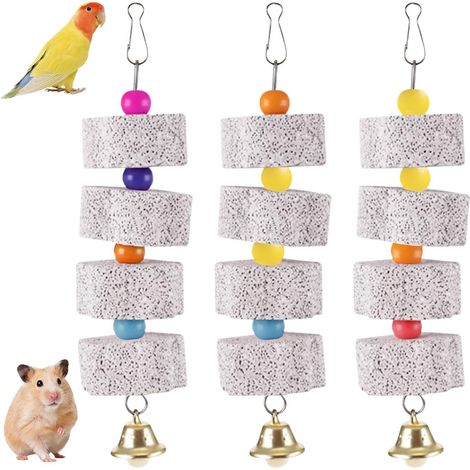 Lot de 3 Jouets Suspendus en Pierre Minérale pour Oiseaux et Hamsters, Accessoire à Ronger pour Entretien du Bec et des Dents, Jouet Interactif avec Clochettes et Perles Colorées (1/5)