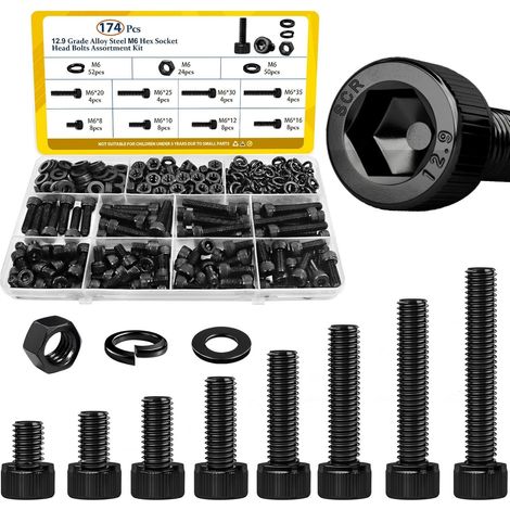 174PCS M6 vis avec écrous Kit- M6x8/10/12/16/20/25/30/35 mm boulons de tête de prise hexagonale avec écrous et rondelles Ensemble assorti (1/5)