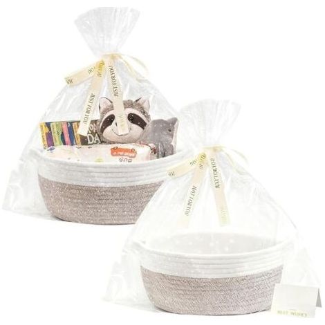 Panier Cadeau Tissé - Corde Coton - 30 x 20 x 12,5 cm - Kaki - Empilable et Pliable - 2 Pièces (1/5)