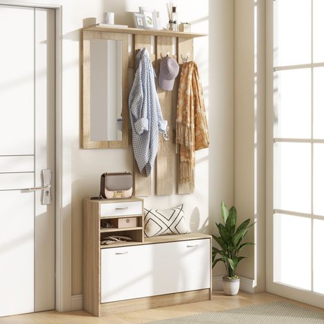 Hall d’entrée naturel avec porte-manteaux miroir et porte-chaussures Mobilier de couloir en deux pièces avec crochets Étagères Tiroir