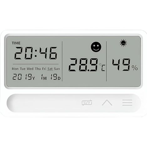 Digital LED hygrometer and thermometer for indoor use with clock, date, alarm, climate and comfort symbols, and maximum/minimum values. Suitable for wall mounting. Switchable between °C and °F.