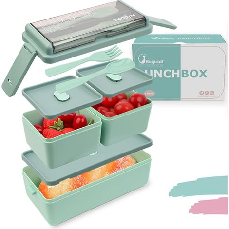 MIMOSON-Lunchbox,Boîte à Bento 1400ML Boîte à Déjeuner Bento Box Avec 3 Compartiments et Couverts,Boite Bento pour Chauffage au Four à Micro-ondes, Boîte à Repas en Plastique pour Enfant Adult (1/5)