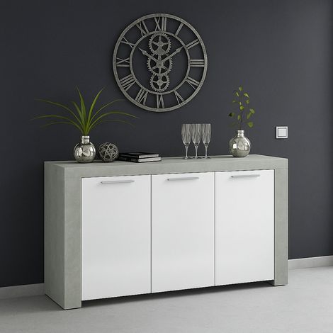 Dmora Anrichte Bellevue, Modernes Sideboard mit 3 Türen, Buffet im Wohnzimmer, Fernsehschrank, Sideboard für Wohnzimmer, cm 144x42h80, Beton und Weiß (1/4)