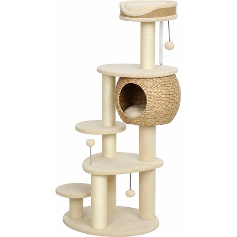 Arbre à Chat Tour pour Chat en Rotin Design 4 Niveaux avec Niche Quenouille Panier Jute et Coussin 132cm Beige (1/5)
