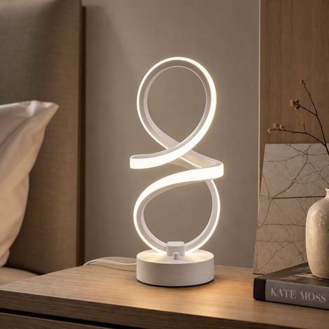 Lampada da tavolo a LED a spirale, in alluminio e PP, illuminazione regolabile a 3 colori, USB, design moderno, disponibile in bianco o nero, altezza 30 cm. (1/4)