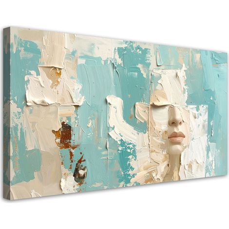 Impression sur Toile, Portrait abstrait d'une femme dans les tons beige et turquoise,80x40 (1/4)