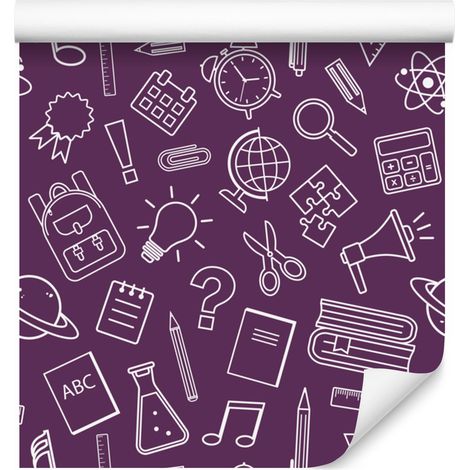 Papel pintado con motivos escolares en tonos morado y ciruela para salón y dormitorio, 50x1000 cm. (1/5)
