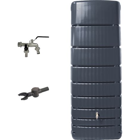 4rain SLIM Regentonne Wandtank Komplett-Set 650 Liter, graphite grey inkl. Chrom-Doppelauslaufhahn und Fallrohranschluss (1/5)