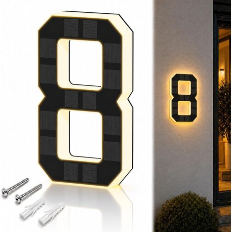 JSSEVN - Numero de Maison Solaire Illuminé pour Extérieur étanche, Plaque de Numéro de Maison Illuminée Solaire, Numéro de Maison Lumineux Noir (8, 23 cm) (1/5)