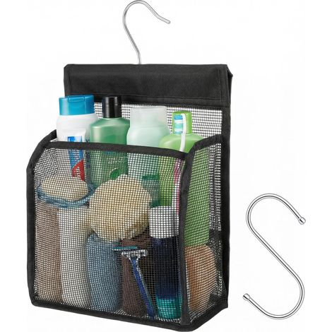Hanging Mesh Shower Basket Black Bathroom Storage Bag with Hooks, Clear Rotating Bath Basket Hanging for Dorm Gym Swimming RV Travel (1/5)