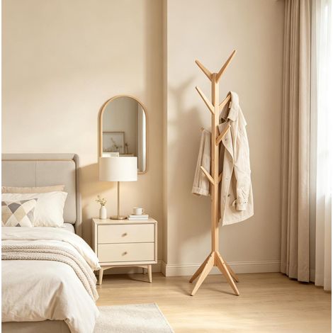 Freistehende Garderobe aus Naturholz mit 8 Haken, 180 cm hoch (1/4)