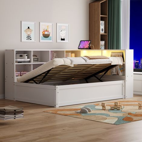 Lit simple 90x200 avec rangements LED bois blanc HAVRYA (1/5)