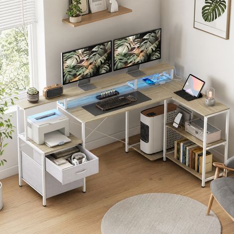 Bureau d'angle avec prises et lumières LED RGB, bureau pc, 172 x 100 cm, support moniteur, 2 tiroirs, blanc (1/3)