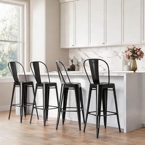 Lot de 4 tabourets de bar empilables en métal noir avec dossier (1/5)