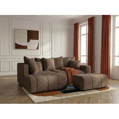 BOBOCHIC - Canapé d'angle L convertible coffre ROXELANE tissu bouclette avec pouf Angle gauche Marron (1/4)