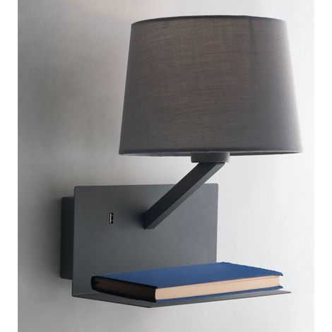 LED Wandleuchte Grau & Stoffschirm mit USB Ladefunktion & Ablage, Höhe 31cm (1/4)