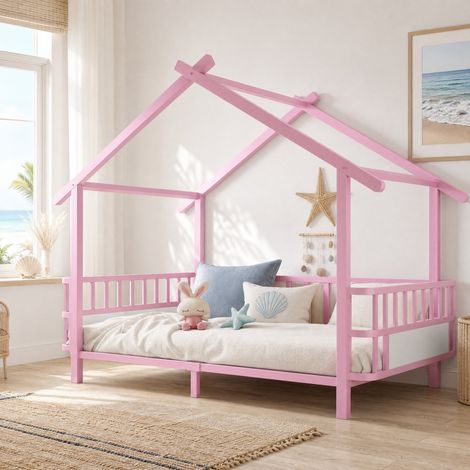 Lit enfant 90/200 cm en métal rose, cadre cabane avec barrières de sécurité (1/5)