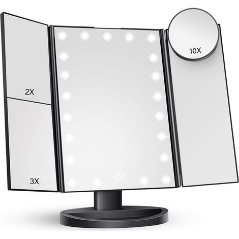 Miroir de maquillage avec éclairage, grossissement x2, x3, x10, commande tactile, pliable en trois parties, noir, 24 cm (L) x 34 cm (l), style contemporain, montage sur meuble-lavabo, salle de bain