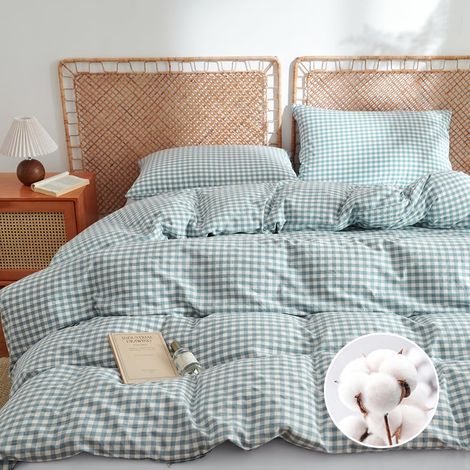 Parure de lit en coton 155 x 220 cm - Bleu à carreaux - Housse de couette de 155 x 220 cm - Avec taie d'oreiller de 80 x 80 cm - Aspect lin - En coton lavé - Avec fermeture (1/5)