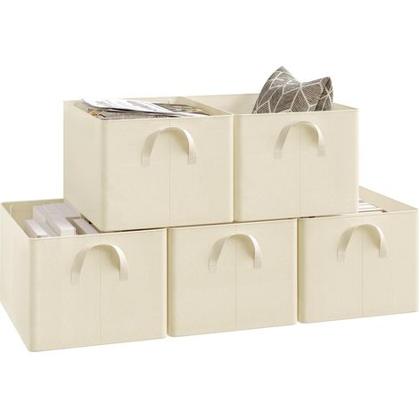 Lot de 5 Boîtes de rangement WOLTU, en tissu, Cube de Rangement sans couvercle, avec poignée, Crème, 42x32x26 cm