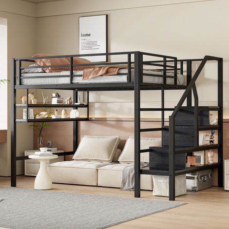 Letto a soppalco in metallo nero 140x200 cm con scaffali, scala contenitore e protezione laterale (1/5)
