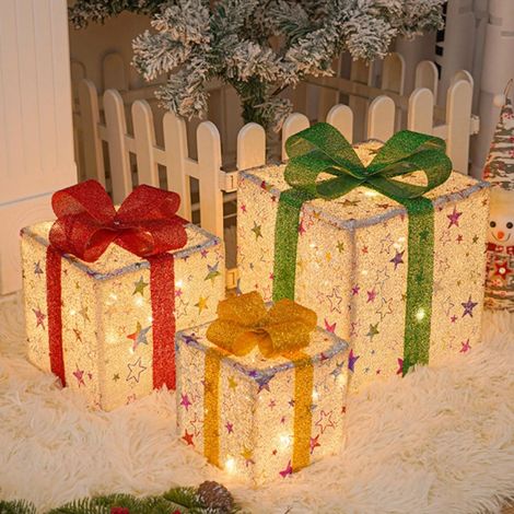 Lot de 3 Boîtes Cadeau Lumineuses, 50 LEDs, 8 Modes, Télécommande, Minuterie, IP44, Intérieur Extérieur (1/5)