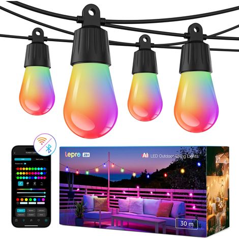 Guirlande lumineuse extérieure de 30 m, RGB et blanc chaud, à intensité variable, compatible avec Alexa et Google Assistant, modèle de démonstration