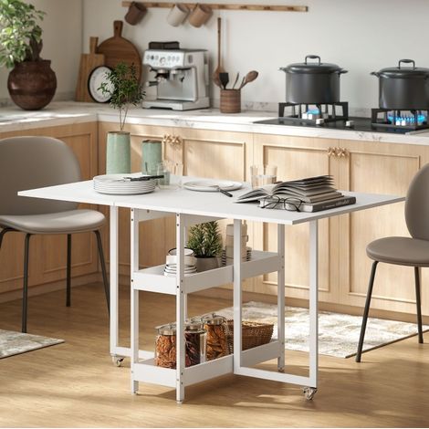 Mesa de comedor plegable 133,4x80x75 cm blanco en madera con alas abatibles y ruedas con freno (1/5)