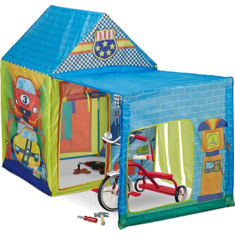 Relaxdays Children's Play Tent, Car Workshop Design, Two Buildings, Indoor & Outdoor, HWD: 109x146x75 cm, Multicoloured
