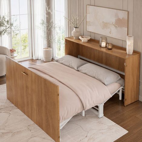 Letto pieghevole 140x200 cm, salvaspazio, trasformabile in armadio, con materasso in lino, legno e metallo, colore legno (1/5)