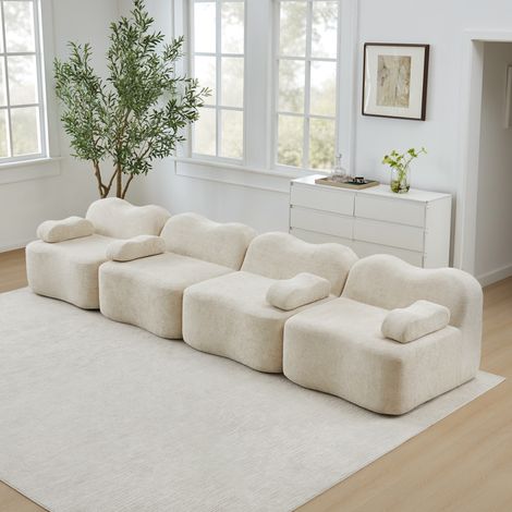 Canapé modulable 4 places en velours beige, sans structure, assise profonde (1/5)