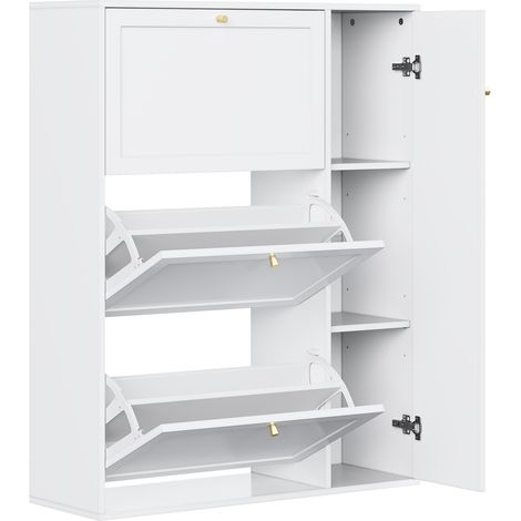 CAIziMeuble à chaussures avec 3 abattants et 1 porte, meuble à chaussures étroit, commode à chaussures avec cloisons réglables, rangement à chaussures sur pied pour entrée salon, blanc, 90x25x114cm