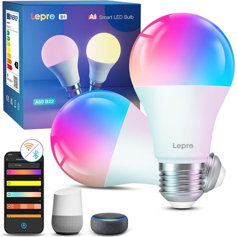 B1 IA Ampoule Connectée, Concepteur d'Éclairage IA Personnalisé, WiFi Ampoule E27 LED RGB+CCT 2700K-6500K, Compatible avec Alexa/Google Assistant, La Synchronisation avec La Musique, 2 pcs (1/5)