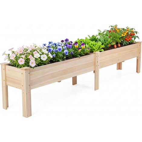 Jardinière avec 2 Zones de Culture, Bac à Fleur Surélevé en Bois de Sapin Plateaux Amovibles Séparation Trou de Drainage, 240 x 43,5 x 51,5CM, Naturel (1/5)