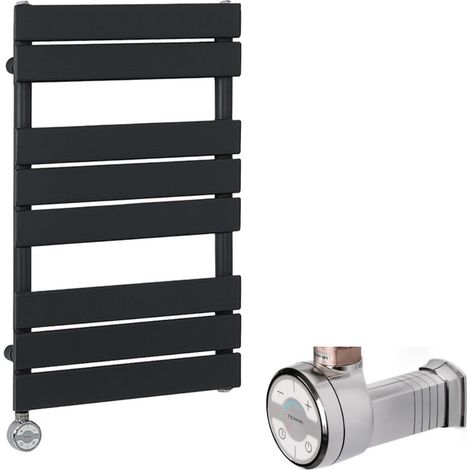 Milano Lustro Electric - Modern Black Flat Panel Heated Towel Rail Radiator with Thermostatic Heating Element and Cable Cover - 825mm x 450mm (1/5)
