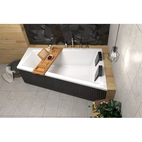 ECOLAM Baignoire trapézoïdale Intima Duo 180x125 cm droite + 2x appuie-tête noir  Planche en Bambou  siphon Alcaplast  Pieds + silicone