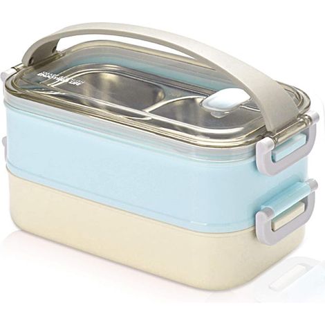 2 couches boîte à lunch en acier inoxydable portable thermique boîtes à bento boîte à lunch isolée lunch box isotherme conteneurs de stockage des aliments pour École bureau 1.6L Bleu