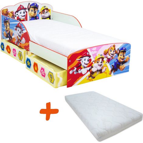 Lit bois + matelas Pat'Patrouille 4 personnages et leurs blasons - 140x70 cm (1/5)