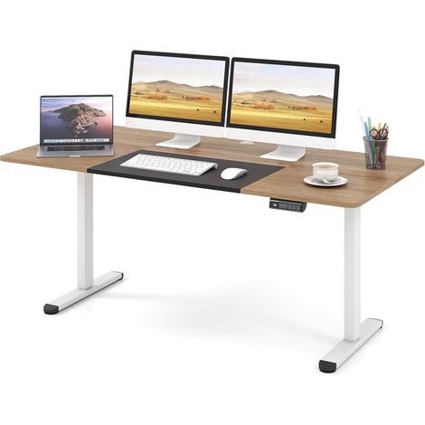 COSTWAY Scrivania Elettrica Regolabile in Altezza 140 x 70 cm, Scrivania per Computer con Memoria delle Altezze, Foro per Cavi, Design Anti-Collisione, Ideale per Ufficio e Casa (Legno Scuro) (1/5)