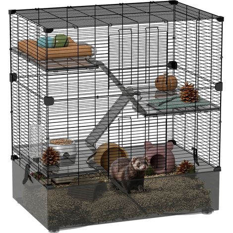 Gabbia piccoli animali multilivello, vassoio e accessori inclusi, 73x47x80 cm, nera