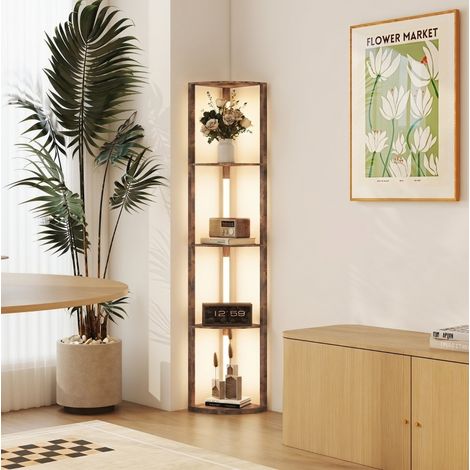 Lampada da terra LED con ripiani, luce bianco caldo 3000K, marrone rustico, 41 x 29,5 x 163,5 cm (1/5)