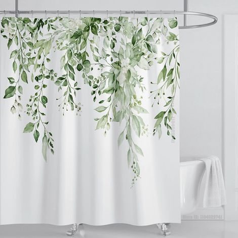 Filiyano-Rideau de douche en tissu eucalyptus vert émeraude, motif de feuilles de plantes entrelacées et de fleurs, avec crochets, L 180 x H 200 cm
