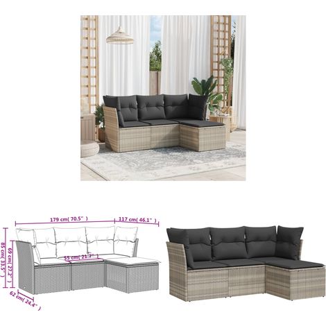 vidaXL 4-tlg. Garten-Sofagarnitur mit Kissen Hellgrau Poly Rattan (1/3)
