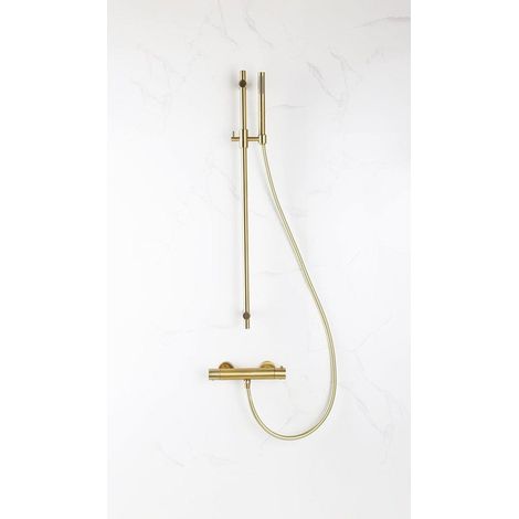 Fortifura Calvi Ensemble de douche barre curseur avec douchette stick, flexible lisse et robinet de douche Laiton brossé PVD (1/5)
