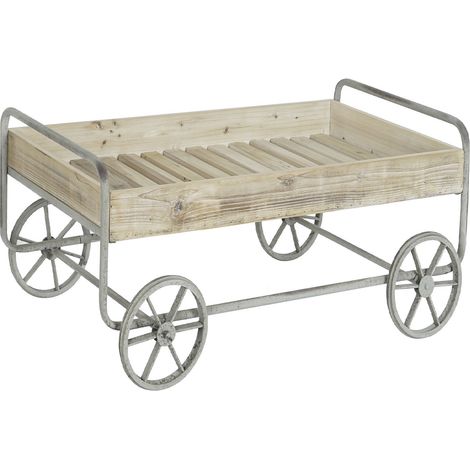 Chariot, desserte, panier en bois de sapin naturel et métal gris - Longueur 110 x Profondeur 67 x Hauteur 46 cm -PEGANE- (1/5)