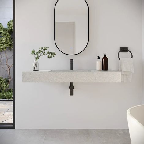 Lavabo suspendu rectangulaire 120x48x13 cm en microciment beige Tasman (1/4)