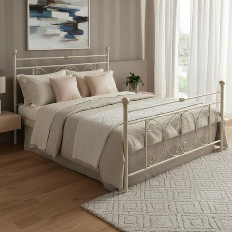 Letto matrimoniale in ferro battuto Giacinto con decori lavorati bianco opaco 170x200 cm